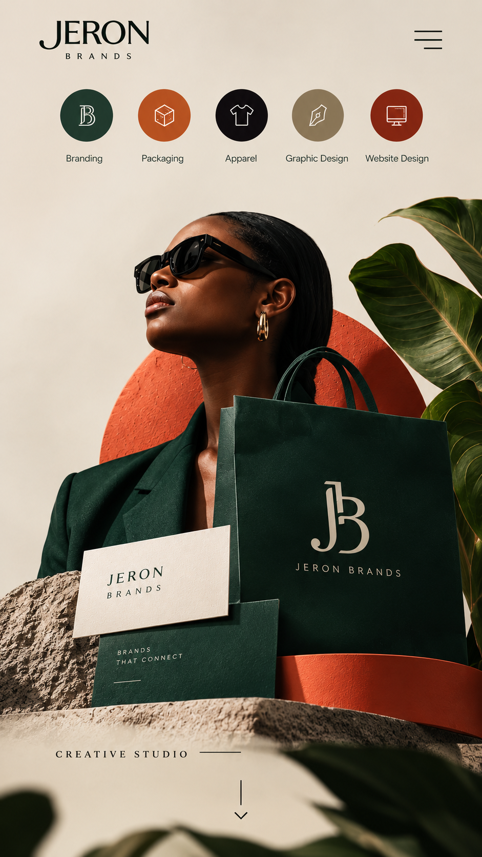 Jeron Brands hero: logo, service icons for branding, packaging, apparel, graphic design and website design, and a campaign photograph
